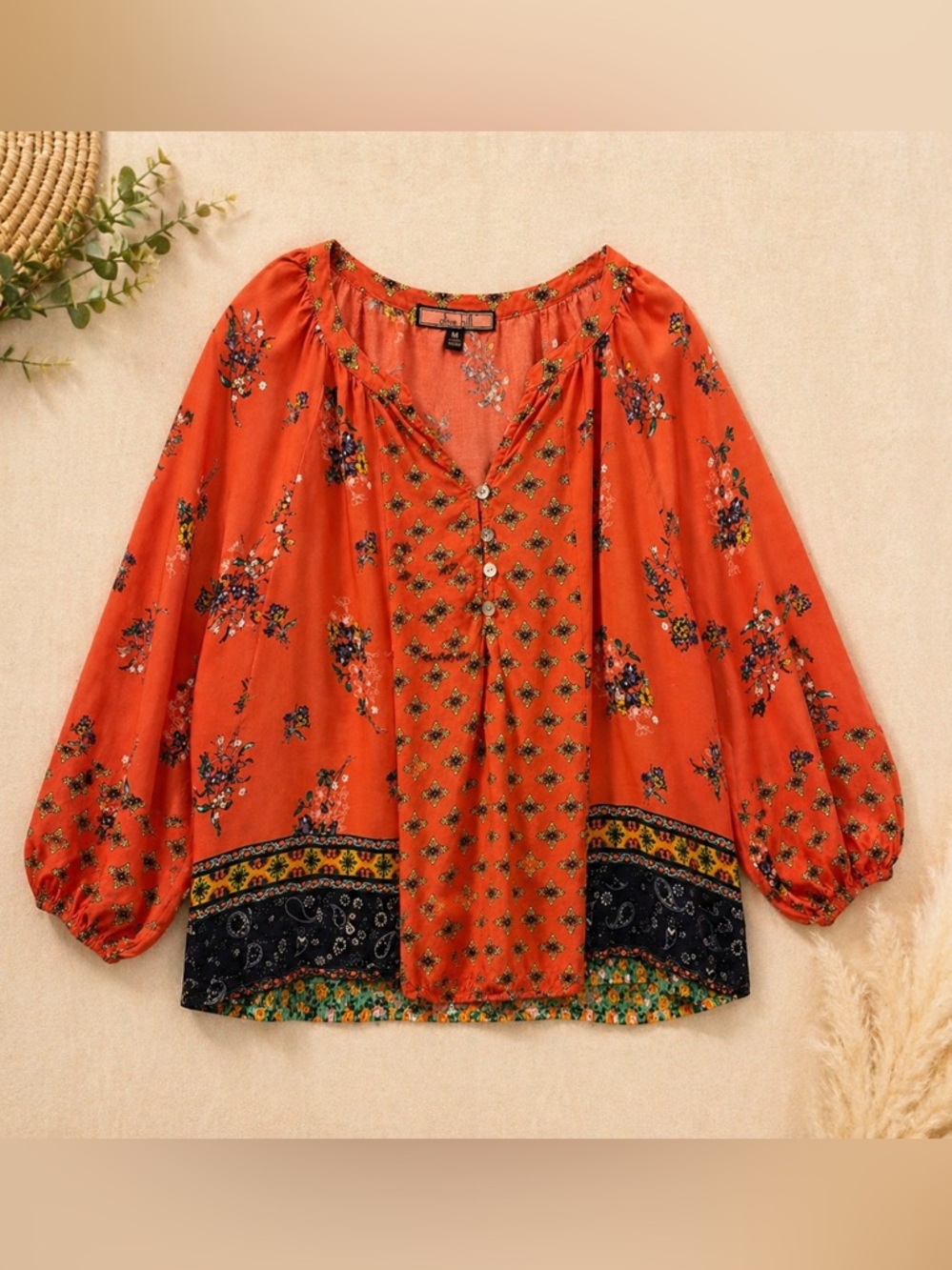 Olive Hill Boho Blouse Orange Floral Peasant Top 3/4 Sleeve Medium
